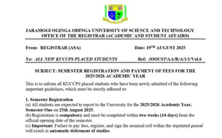 SEMESTER REGISTRATION AND PAYMENT OF FEES FOR THE  2025/2026 ACADEMIC YEAR