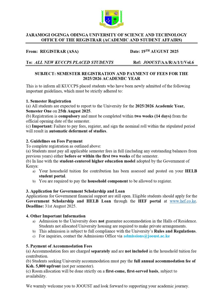 SEMESTER REGISTRATION AND PAYMENT OF FEES FOR THE  2025/2026 ACADEMIC YEAR