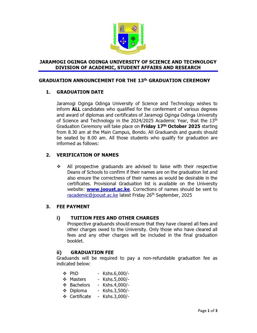 Graduation announcement for the 13th Graduation Ceremony